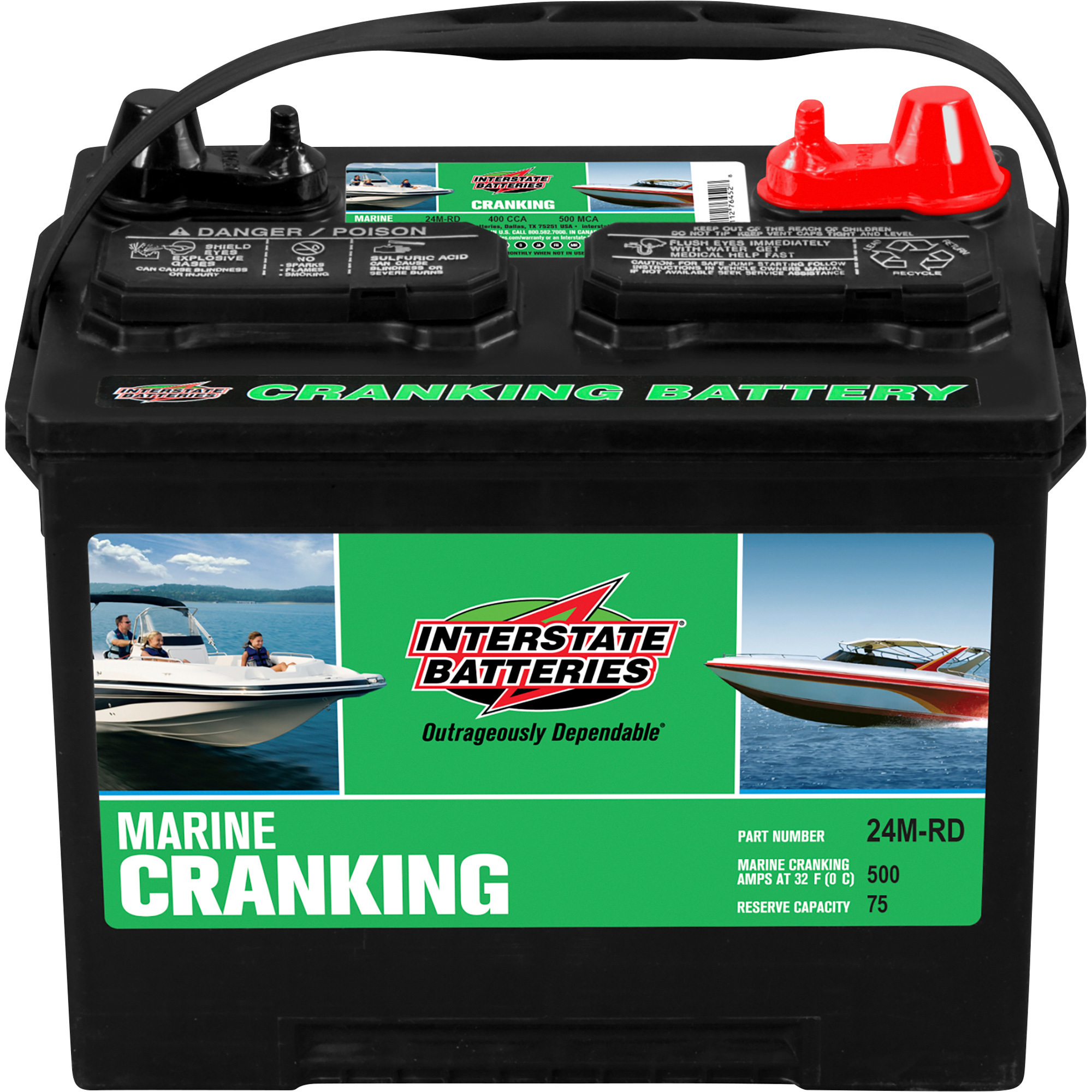 Interstate Deep Cycle Marine/RV Battery, Group Size 24MS, 12 Volt, 400 CCA, Sealed Lead Acid, Model# 8-24MS-1